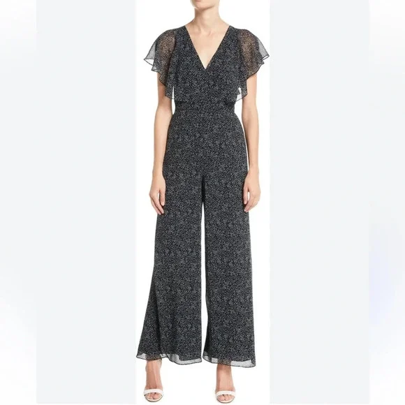 NWT Fame and Partners Black Floral V-Neck Wide Leg Jumpsuit Size 2 - Picture 1 of 6